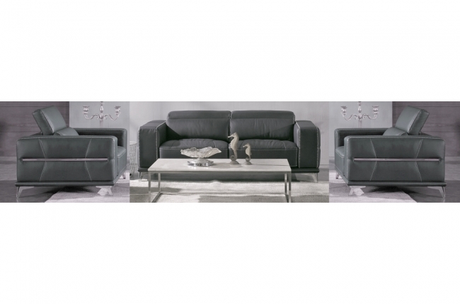 ensemble canapé 3 places et 2 fauteuils 1 place en cuir italien buffle vega, gris foncé avec surpiqure gris clair