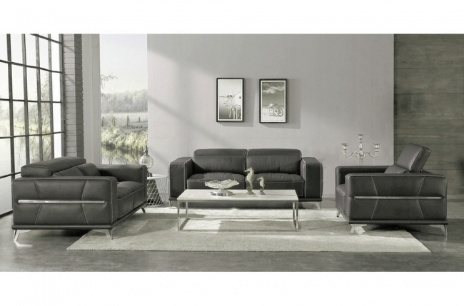 ensemble canapé 3 places et 2 places et fauteuil 1 place en cuir italien buffle vega, gris foncé avec surpiqure gris clair