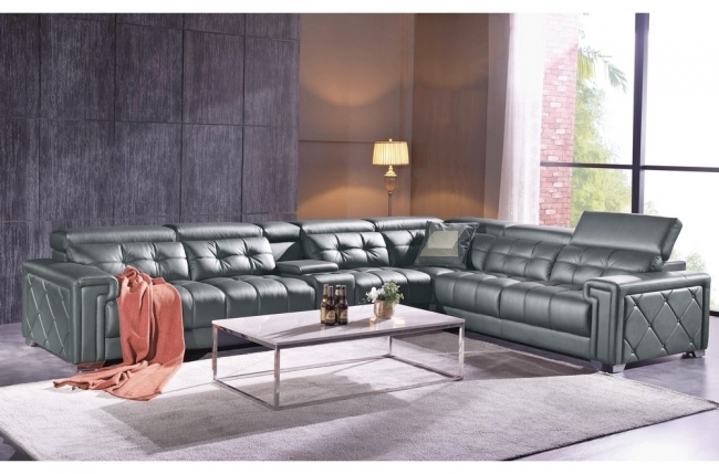 canapé d'angle en cuir de buffle italien de luxe, 6/7 places, prestigia, gris foncé, angle droit