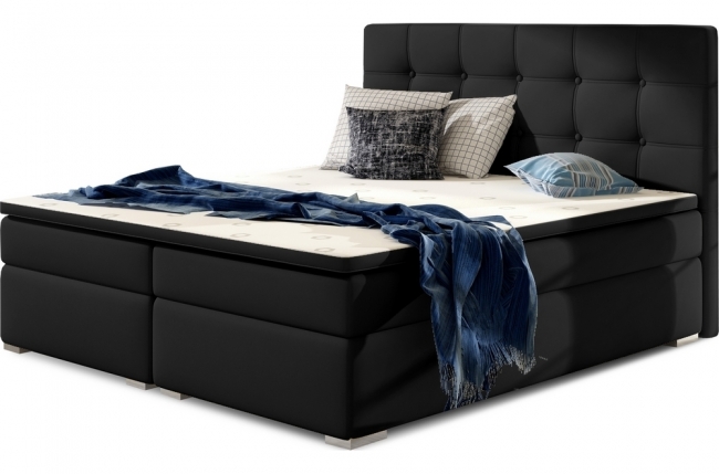 ensemble boxspring complet tête de lit + sommiers + matelas + surmatelas inaya de venesetti - simili cuir noir - 180x200 cm