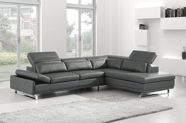 canapé d'angle en cuir italien 6/7 places izen, couleur gris foncé, angle droit, version luxe