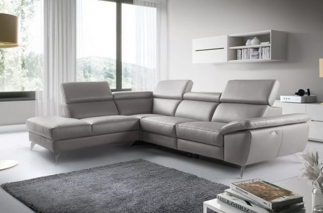 canapé d'angle relax en 100% tout cuir épais de luxe italien avec relax électrique, 5/6 places kaster, gris clair, angle gauche