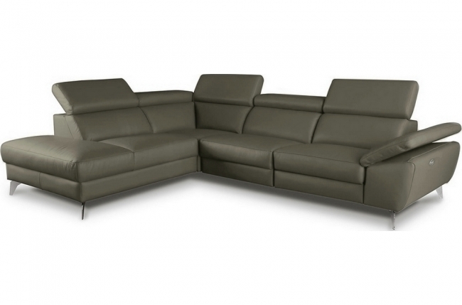 canapé d'angle relax en 100% tout cuir épais de luxe italien avec relax électrique, 5/6 places kaster, gris taupe, angle gauche