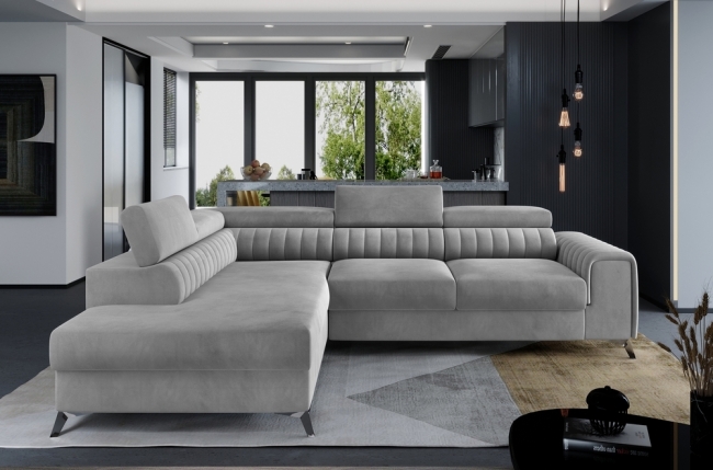 - canapé d'angle convertible - larry velours luxe, 5 places, gris , angle gauche (vu de face)