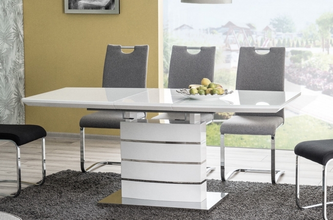 table à manger extensible léo, finition vernis blanc, en 140 cm extensible à 180 cm