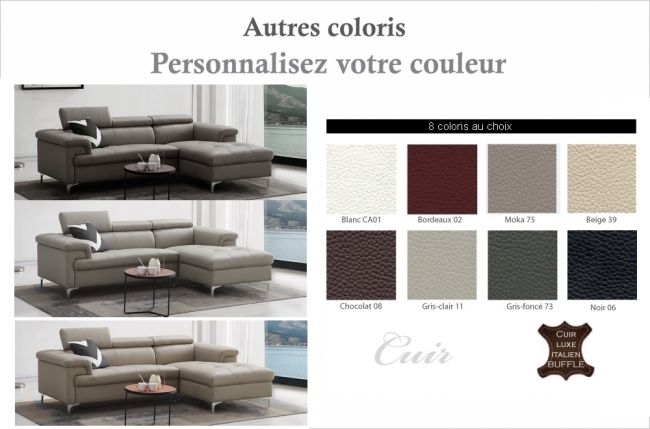 2eme paiement de la commande: canapé d'angle en cuir buffle italien de luxe 5 places lido, couleur personnalisée, angle droit, rouge, 6x sans frais, total de la commande: 1458 euros