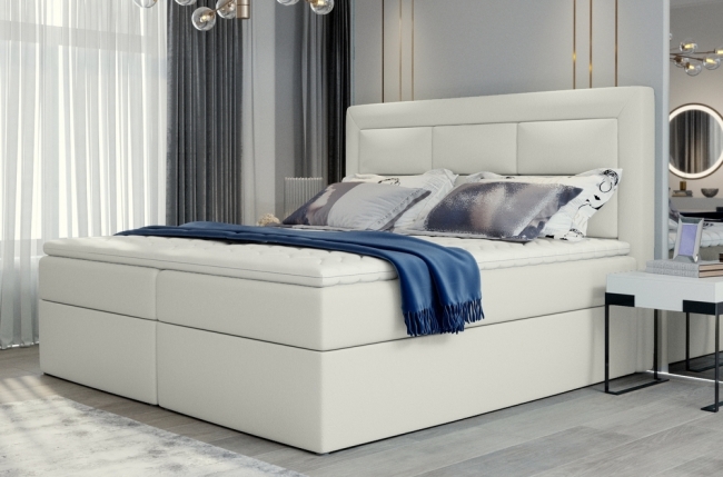 ensemble boxspring complet tête de lit + sommiers + matelas + surmatelas vista de venesetti - simili cuir ivoire - 180 x 200 cm