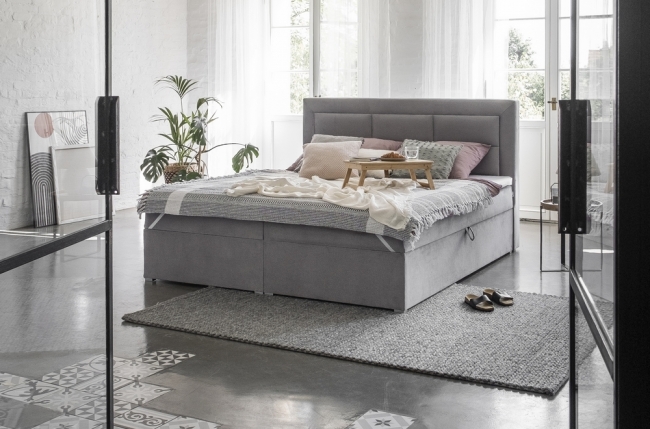 ensemble boxspring complet tête de lit + sommiers + matelas + surmatelas vista velours de venesetti - tissu velours luxe gris - 180 x 200 cm