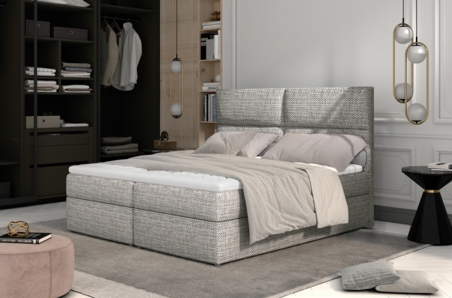 ensemble boxspring complet tête de lit + sommiers + matelas + surmatelas amaris de venesetti - tissu luxe gris - 160x200 cm