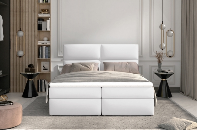 ensemble boxspring complet tête de lit + sommiers + matelas + surmatelas amaris de venesetti - simili cuir blanc - 160x200 cm