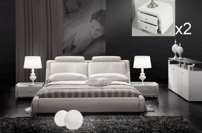 lit en cuir italien de luxe livourne 180x200, blanc, avec 2 chevets bery