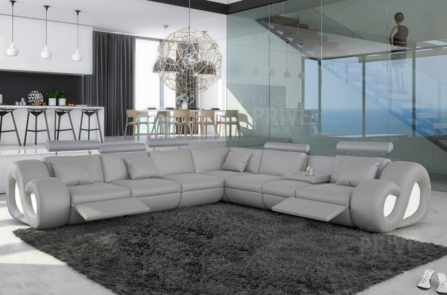 canapé d'angle en cuir italien 7 places love, gris clair