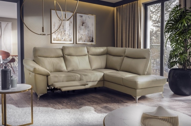 canapé d'angle en cuir italien de luxe 5 places luzerne, avec relax électrique et coffre, beige, angle droit
