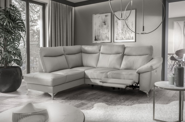 - canapé d'angle en cuir italien de luxe 5 places luzerne, avec relax électrique et coffre, gris clair, angle gauche