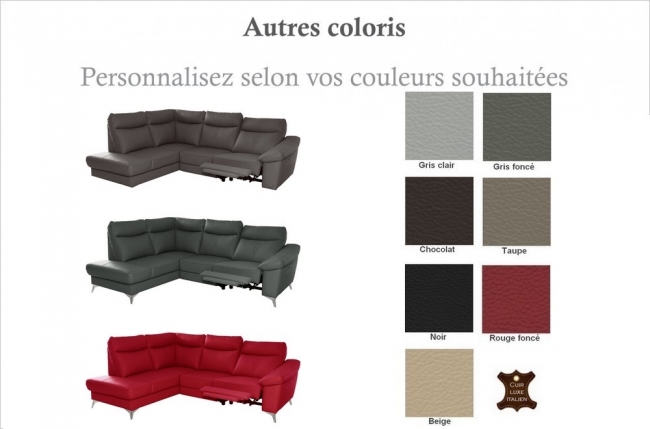 canapé d'angle en cuir italien de luxe 5 places luzerne, avec relax électrique et coffre, couleur personnalisée, angle gauche