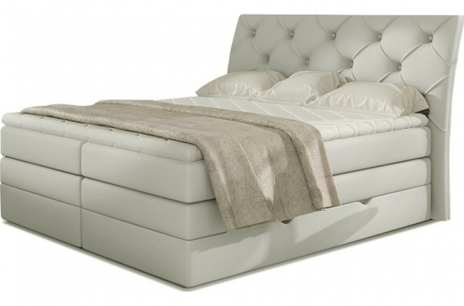 ensemble boxspring complet tête de lit + sommiers + matelas + surmatelas miro en simili écru - 180x200 cm