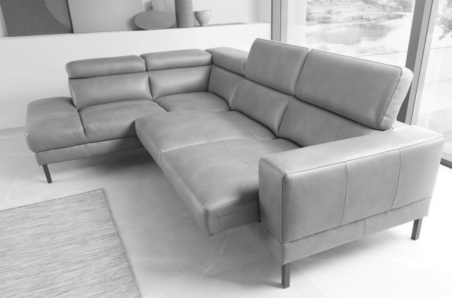 - canapé d'angle en 100% tout cuir italien de luxe 5/6 places naya, assise électrique qui coulisse, gris clair, angle gauche