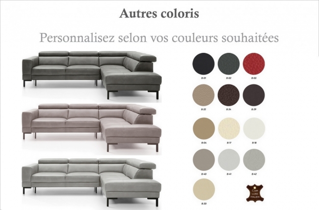 canapé d'angle en 100% tout cuir italien de luxe 5/6 places naya, assise électrique qui coulisse, couleur personnalisée, angle droit