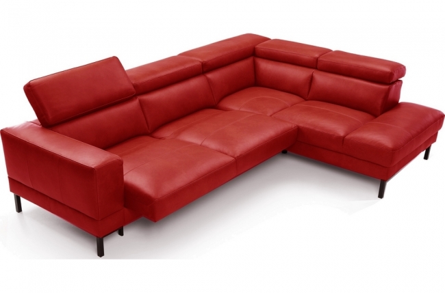 canapé d'angle en 100% tout cuir italien de luxe 5/6 places naya, assise électrique qui coulisse, rouge, angle droit