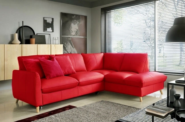 canapé d'angle en 100% tout cuir italien de luxe 5 places, convertible et avec coffre, nilsen, rouge foncé, angle droit