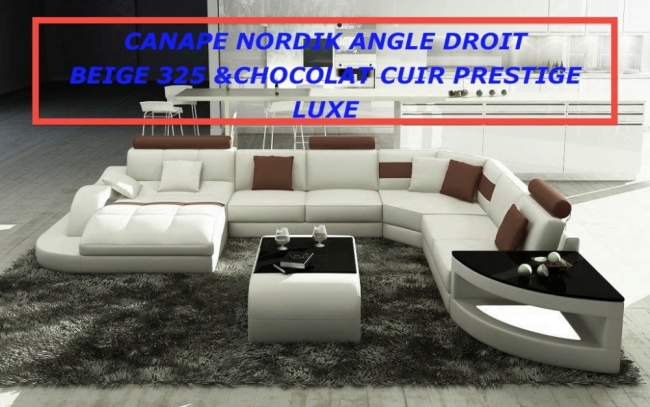 canapé d'angle en cuir prestige luxe italien 8 places nordik, beige et chocolat  angle droit