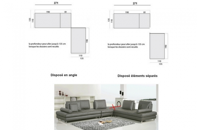 canapé en cuir buffle italien de luxe penthouse, sur mesure personnalisé sur demande du client sans le pouf: 2 parties: 271 et 190 cm, voir schéma, gris foncé, angle droit
