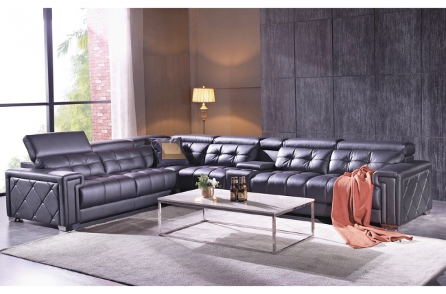 canapé d'angle en cuir de buffle italien de luxe 6/7 places, prestigia, noir, angle gauche