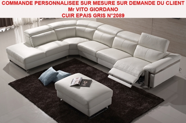 commande personnalisee sur mesure sur demande du client de mr vito giordano  canapé d'angle relax en cuir buffle epais  italien, de luxe relaxino  ,  cuir epais gris n° 2089, angle gauche
