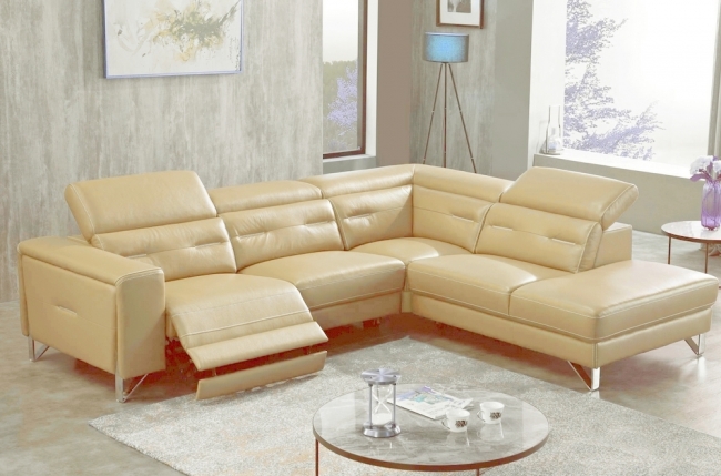 canapé d'angle avec un relax électrique en cuir de buffle italien de luxe 6 places revolax beige, angle droit,  pouf offert