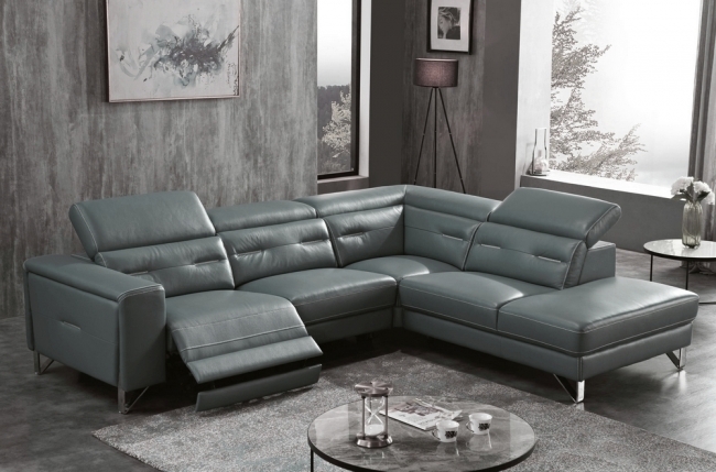 canapé d'angle avec un relax électrique en cuir de buffle italien de luxe 6 places revolax gris foncé, angle droit,  pouf offert