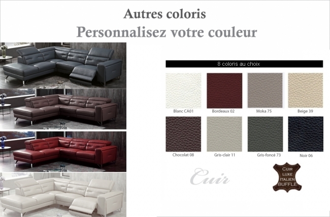 1er paiement acompte de 1046 €: canapé d'angle avec un relax électrique en cuir de buffle italien de luxe 6 places revolax couleur principale blanc cassé et surpiqure noir, angle gauche,  pouf offert, total 3138 euros