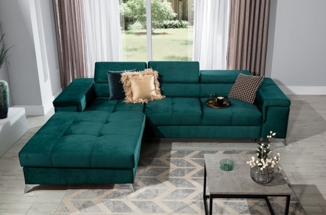 canapé d'angle convertible en tissu velours luxe 5 places, richard, couleur vert, angle gauche