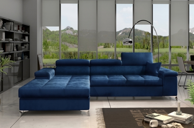canapé d'angle convertible en tissu velours luxe 5 places, richard, bleu, angle gauche