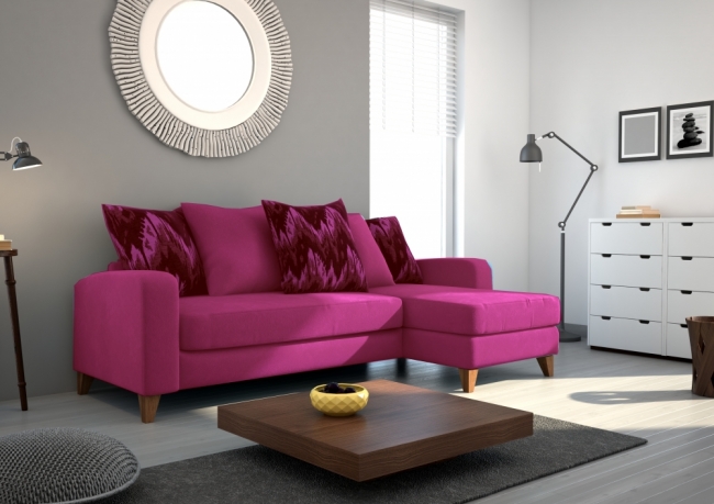canapé d'angle en tissu de qualité saturne, rose fuschia.