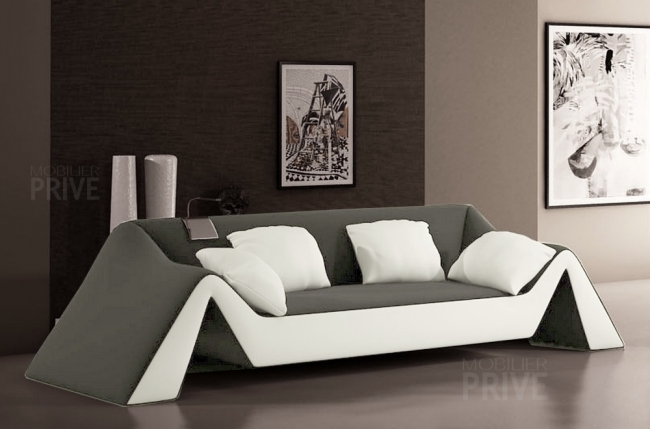 canapé 3 places en cuir italien stefano, gris foncé et blanc