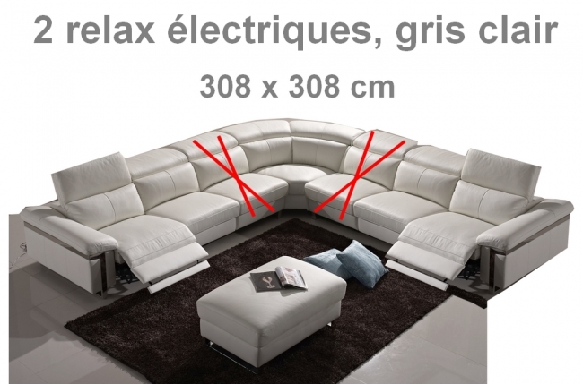canapé d'angle 2 relax électriques, cuir buffle italien luxe relaxino, gris clair, personnalisé sur mesure sur demande du client, dimensions 308 x 308 cm, 30% à la commande, le solde en 3x sans frais, total commande 2638 euros, livraison économique