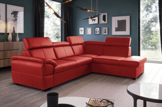 canapé d'angle en cuir italien de luxe 5/6 places tonus, rouge, angle droit