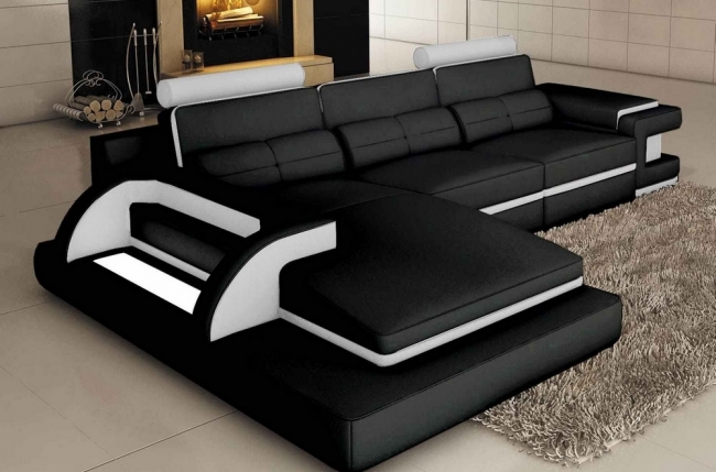 canapé d'angle en cuir italien 6 places vinoti, angle gauche, couleurs noir et blanc