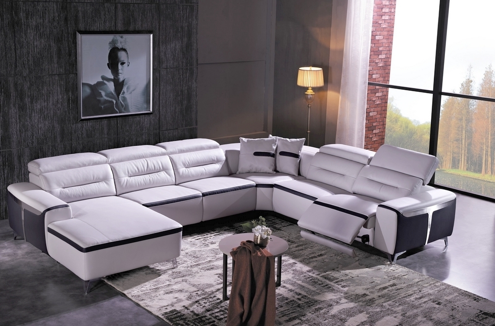 Canapé d'angle relax électrique en cuir buffle italien de luxe combirelax,  blanc et noir, angle droit., - Mobilier Privé