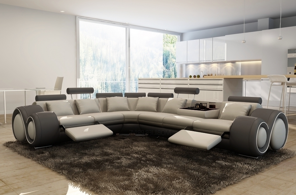 Canapé Dangle En Cuir Italien 7 Places Excelia Gris Clair Et Gris Foncé 2 Poufs Offerts Angle Gauche